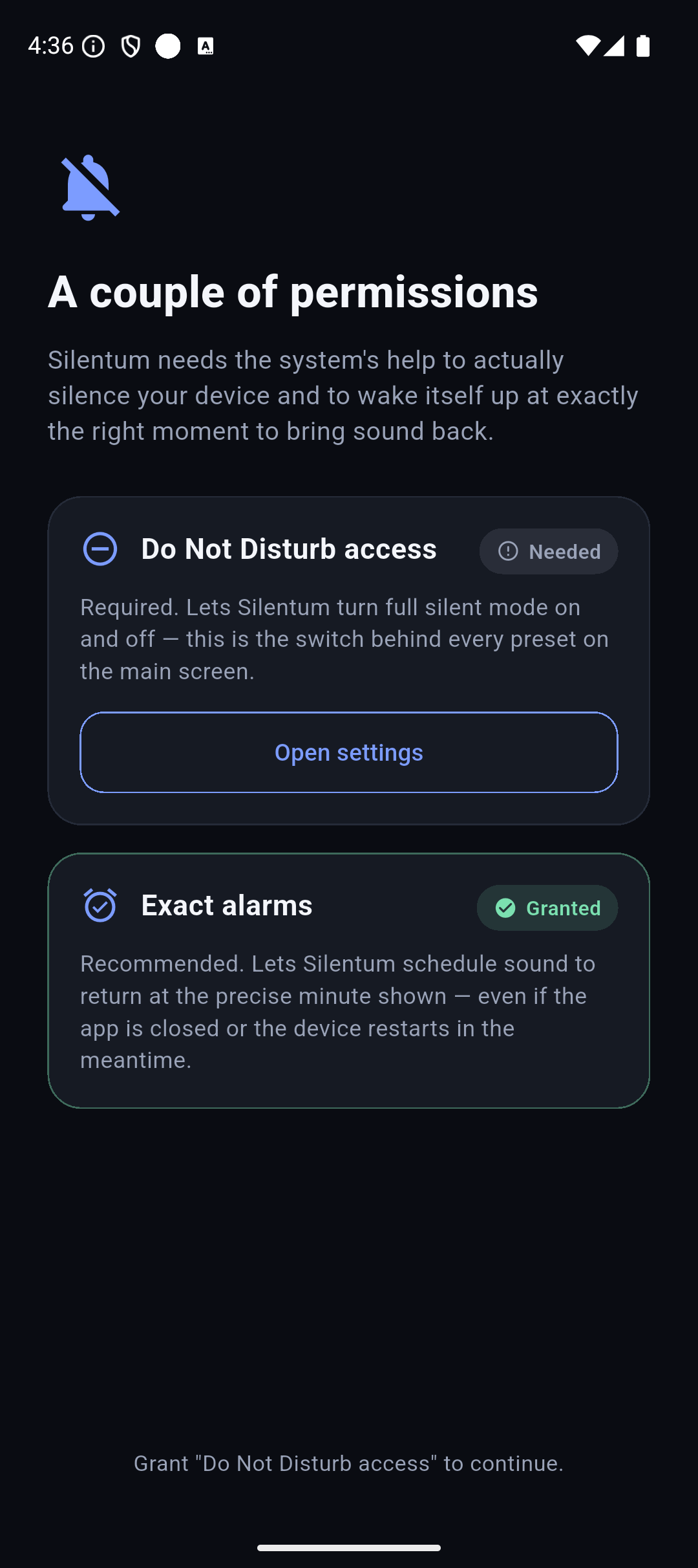 Silentum permission screen explaining Do Not Disturb and exact alarm access